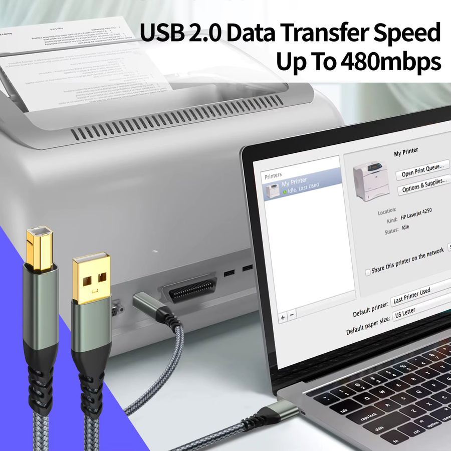 USB-A auf USB-B Druckerkabel für Hochgeschwindigkeits-Datenübertragung in Grau - Bild 2