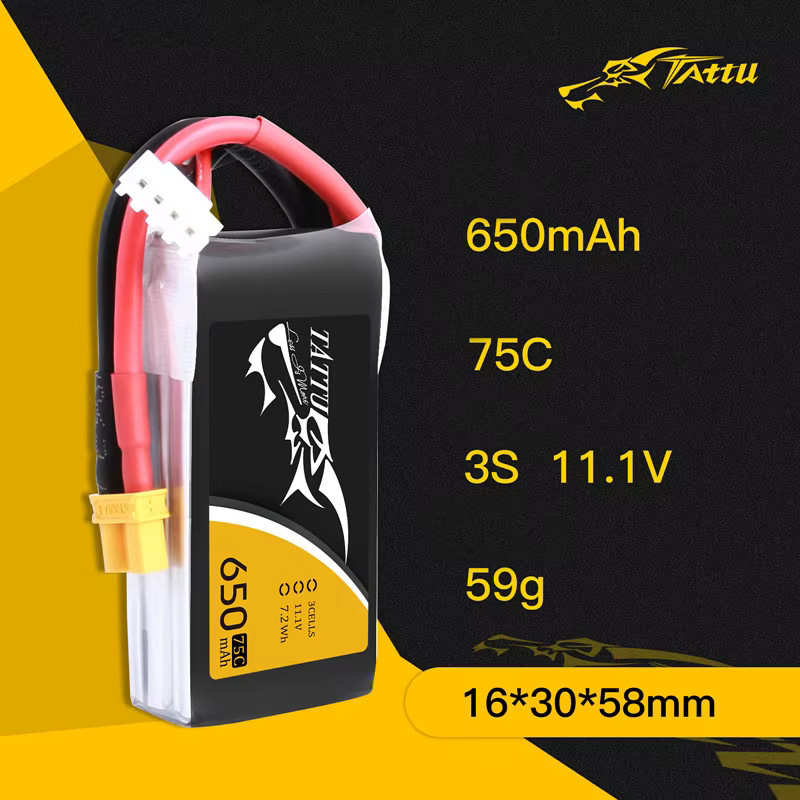 Tattu LiPo Batterie 11,1 V 650 mAh 75C mit XT30 oder XT60 für RC Hubschrauber, Quadcopter und FPV Racing Drohnen, Schwarz - Bild 2