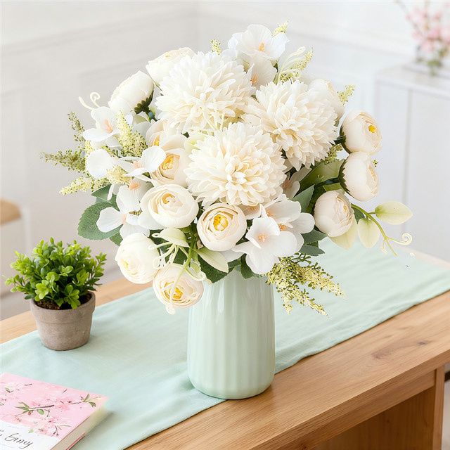 TTCY Künstliche Blumen aus Seide in Gelb und Weiß mit Hortensien, Rosen und Knospen für Hochzeit und Dekoration - Bild 1