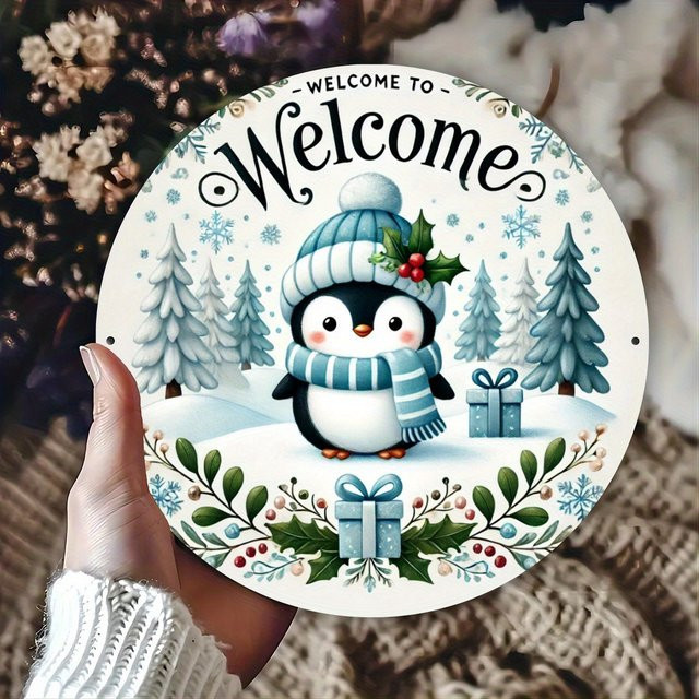 Rundes Metallwandschild von Potdemiel mit Pinguin in Winterkleidung, Mehrfarbig, Durchmesser: 20,32 cm - Bild 1
