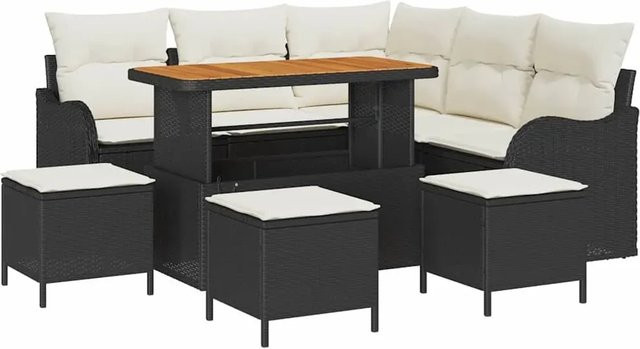 vidaXL Garten-Sofa-Set 9-teilig in Schwarz und Beige mit Polstern und L-Form aus Polyrattan und Metall - Bild 1
