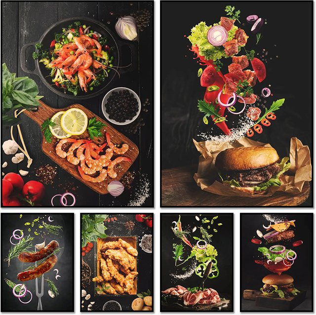 Potdemiel Küchenposter Fast Food Leinwandbild Motiv Gebratenes Huhn und Pasta in Mehrfarben - Bild 1