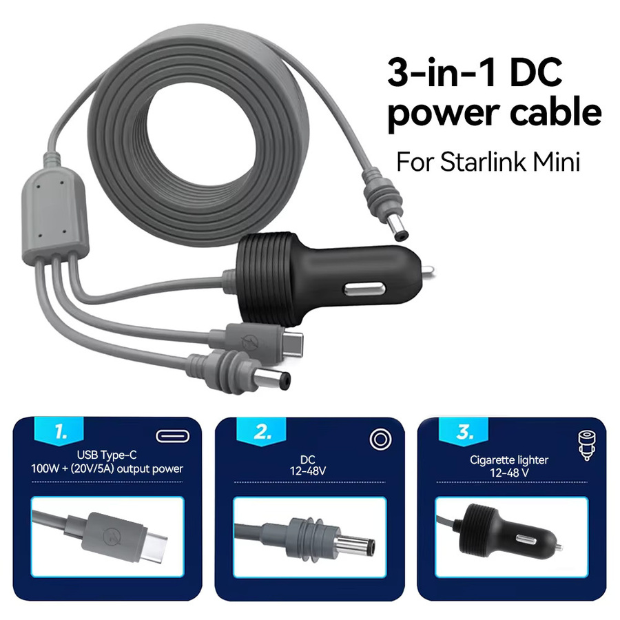 AKAMATE 3in1 Auto-Netzkabel für Starlink Mini mit USB-C und DC5521 Zigarettenanzünder, wasserdicht, Schwarz - Bild 2