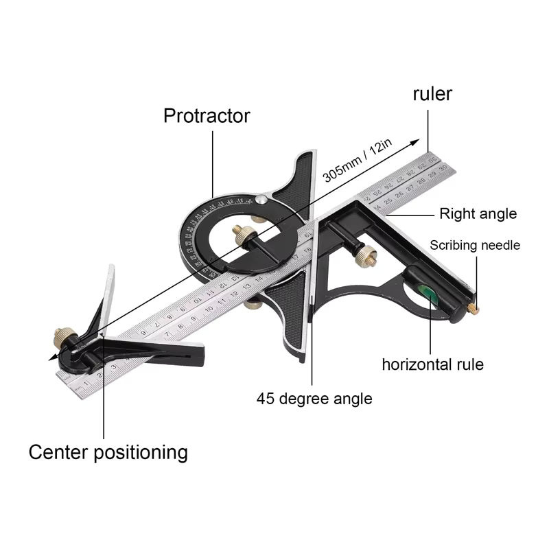 3-in-1 Edelstahl T-Winkelmesser und verstellbarer Kombinationswinkelmesser mit Goniometer in Silber - Bild 6