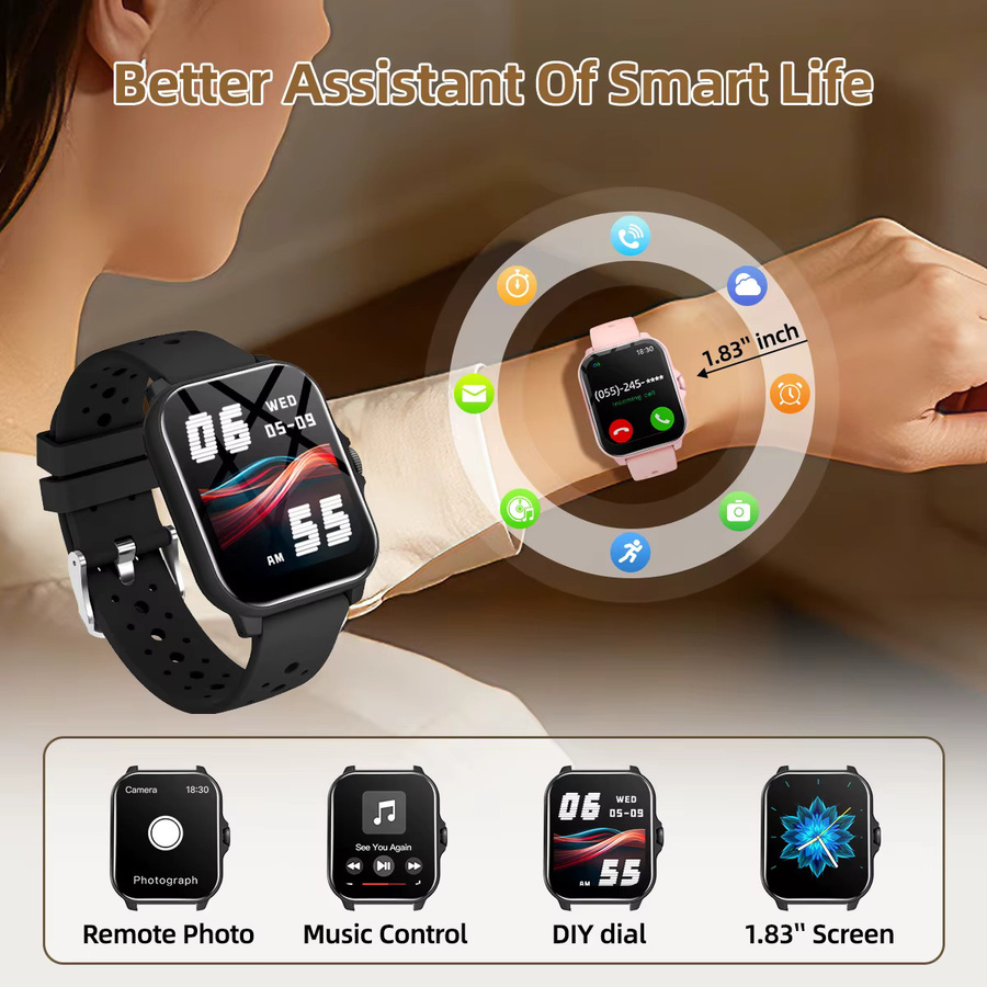 SIMSONLAB Smartwatch mit 1,83 Zoll Display, Bluetooth Anruffunktion, Sprachassistent und Musikplayer in Schwarz für Damen und Herren - Bild 2