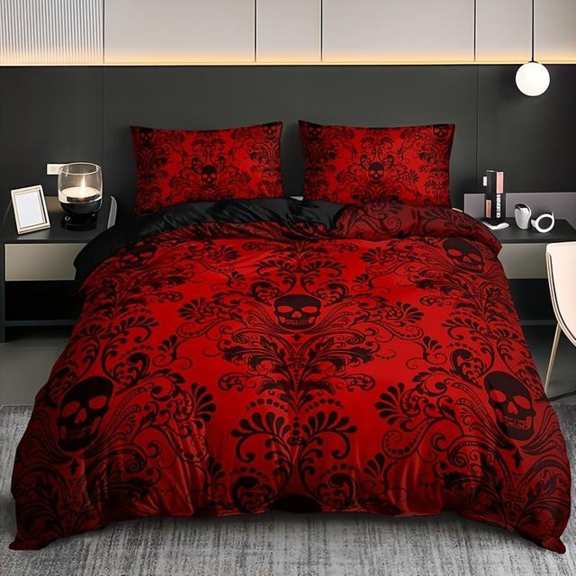 Schwarzes Damast Bettwäscheset mit Totenkopf- und Blumenmuster im Gothic-Vintage-Stil, B/H: 172 x 218 cm - Bild 1