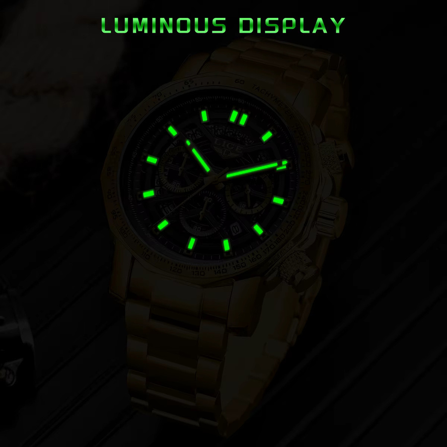 LIGE Armbanduhr Quarz, Edelstahl, Schwarz, Herren, Datum - Bild 5
