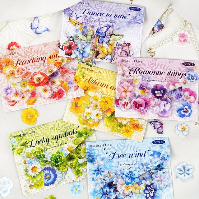 Journamm 50-teiliges Schmetterlings-Scrapbook-Aufkleber-Set aus transparentem PET mit Blumenmotiven in Multicolour - Bild 1