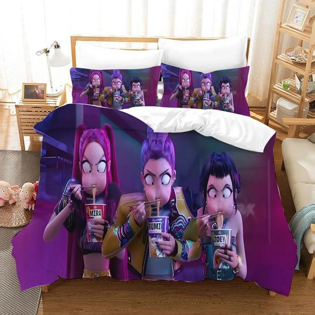 Bettwäsche Set KPop Dämonenjäger mit Cartoon Rumi Mira Zoey Motiv, lila mehrfarbig, aus Polyester, B/H: 135 x 200 cm - Bild 1