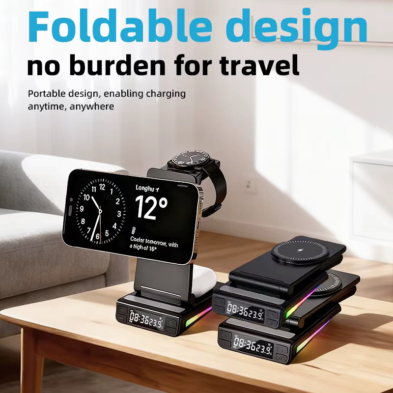 LYNXZ 5-in-1 Faltbares Kabelloses Ladegerät mit Wecker, Temperaturanzeige und RGB-Licht, 15W Magnetisches Schnellladegerät für iPhone 12-17 und iWatch, Schwarz - Bild 4