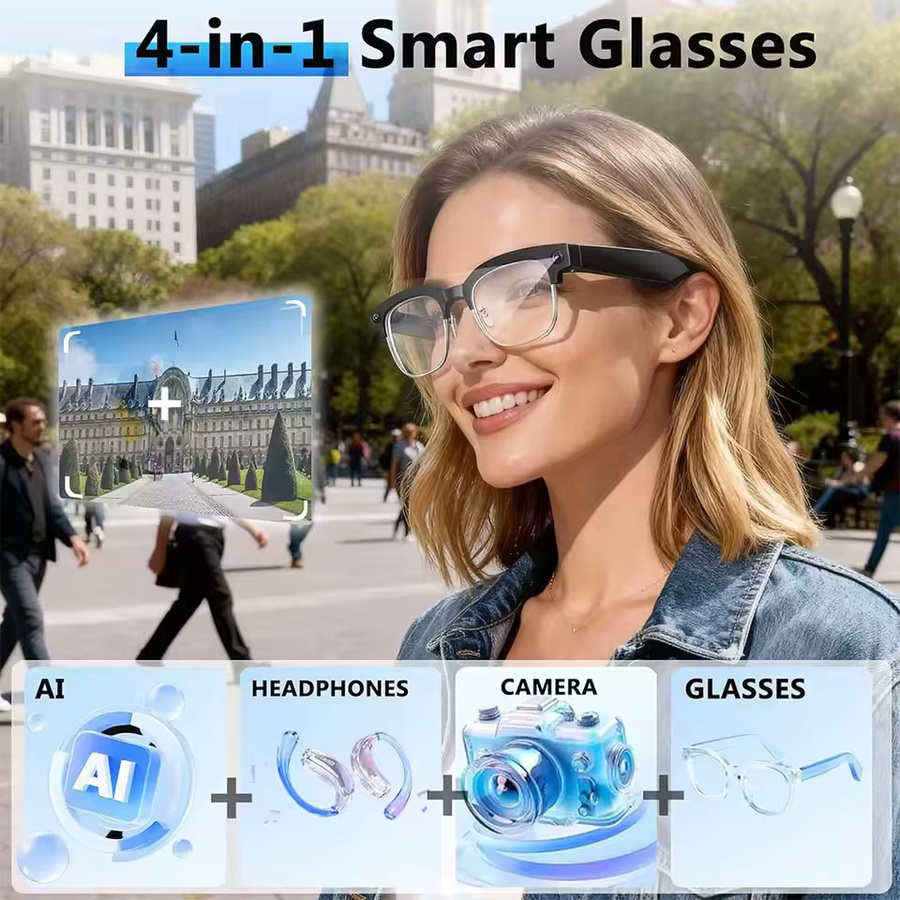 GUHUAVMI Smart-Brille mit 1080P Kamera, KI-Fotoerkennung, Bluetooth-Anrufe und Sprachübersetzung, Schwarz, Unisex - Bild 4