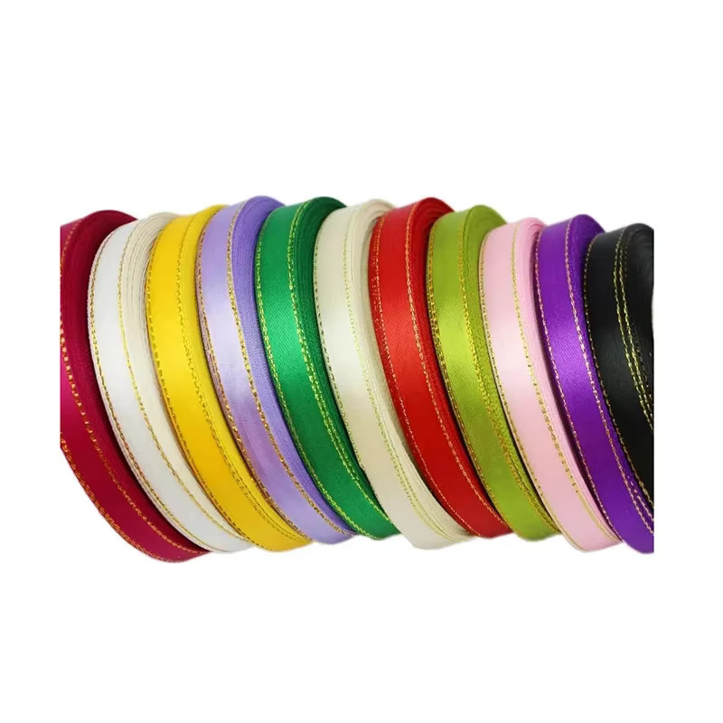 Rosa Satinband mit goldenem Rand aus Polyester, Breite: 10 mm, 25 Yards pro Los - Bild 2