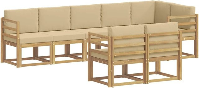 vidaXL Outdoor-Sofagarnitur 8-tlg. in L-Form aus Akazienholz mit Kissen, Weiß und Beige - Bild 1