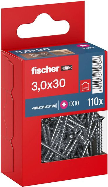 Fischer PowerFast II Senkkopf Schraube mit Torx-Antrieb und Vollgewinde aus verzinktem Stahl, Durchmesser: 3 mm, Länge: 30 mm, 110 Stück - Bild 1