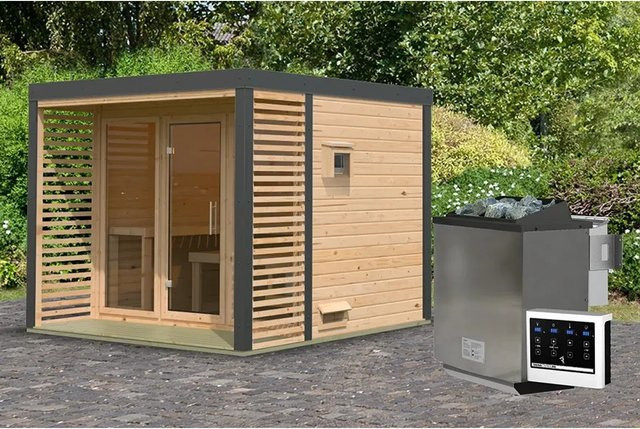 Karibu Saunahaus Seros 3 aus Fichte in Naturbelassen und Anthrazit inklusive 6,37 kW Ofen mit externer Steuerung - Bild 1