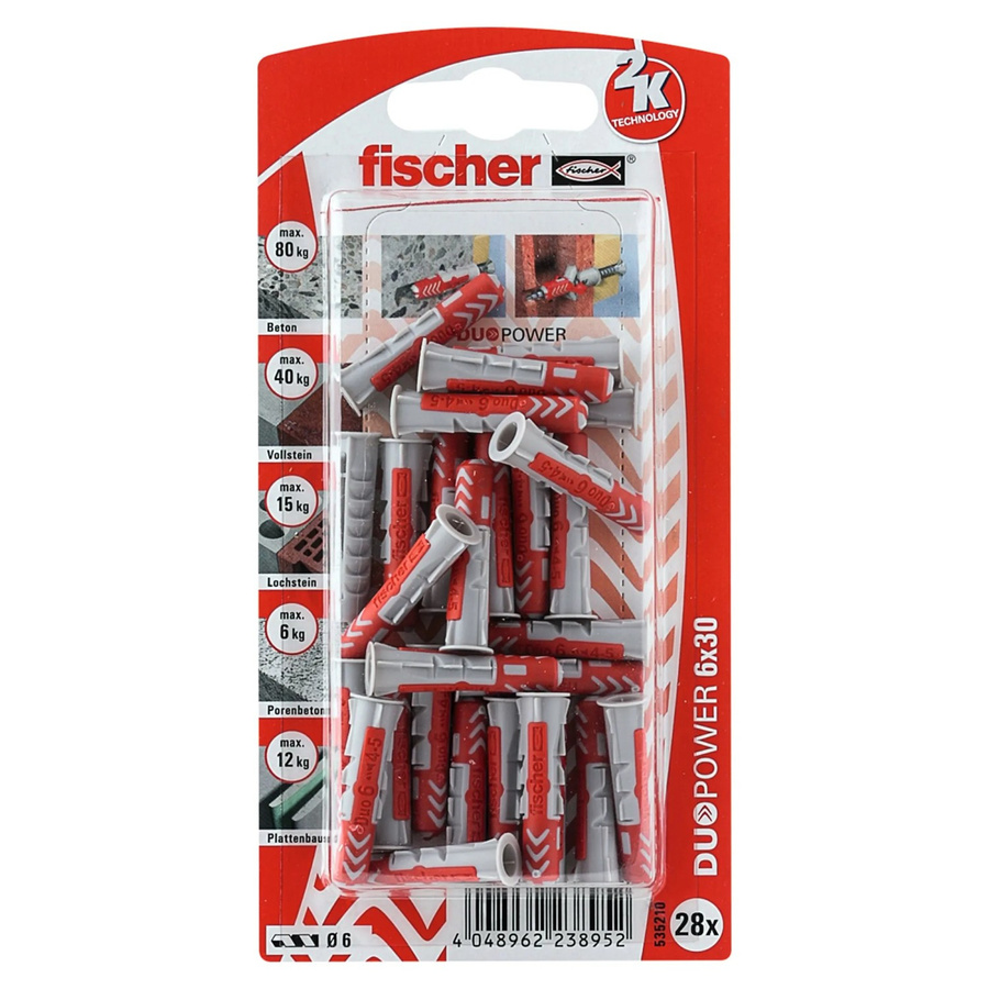 Fischer DuoPower Dübel aus Nylon, Durchmesser: 6 mm, Länge: 30 mm, 28 Stück, mehrfarbig - Bild 2
