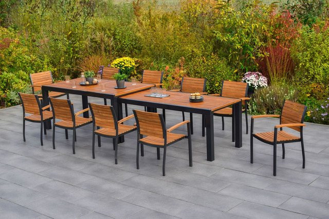 MERXX Gartenmöbelset Santorin 12-teilig aus Aluminium und Akazie in Braun mit Flex-Ausziehtisch - Bild 1
