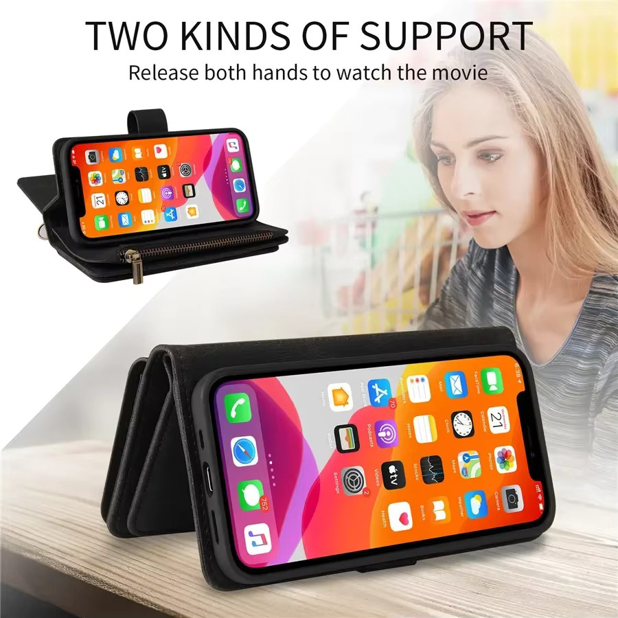 Xiaomi Brieftaschenhülle mit Reißverschluss für Redmi Note 13 Pro 14S 15 Pro Plus 14C 15C aus Leder in Rot und Schwarz mit 15 Kartenfächern - Bild 3