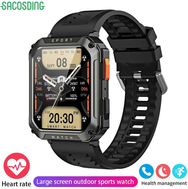 SACOSDING Militär-Smartwatch für Männer in Grau mit Bluetooth-Anruf, 2,01 Zoll Display, Sport-Fitness-Armband mit Herzfrequenzmessung, SpO2 und Schlaftracking, wasserdicht - Bild 1