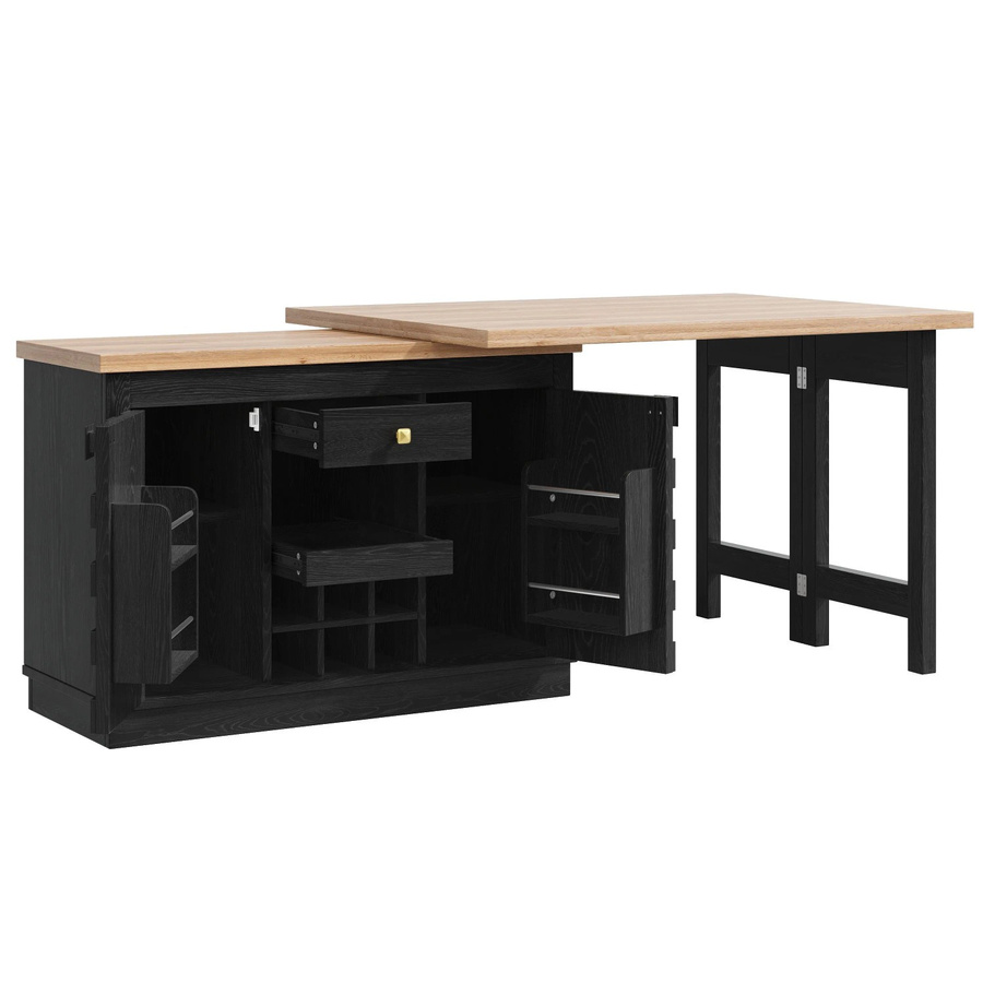 Merax Kücheninsel mit 360 Grad drehbarer Arbeitsplatte, Seitenschrank mit Patchwork-Türen, Weinregal und Schubladen, Schwarz-Weiß, erweiterbar von 120 cm bis 197 cm - Bild 2