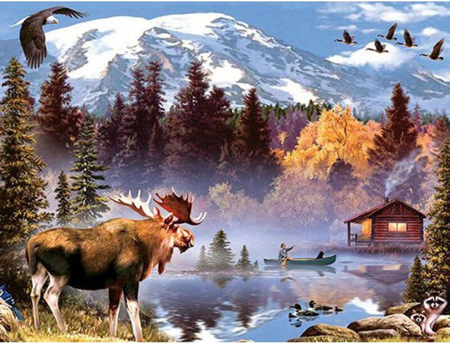 Diamant-Stickerei FIYO Elch mit Haus in Grau und Multicolour, B/H: 20 x 30 cm - Bild 1