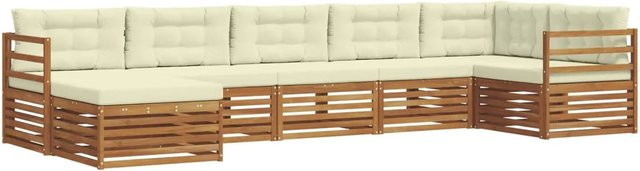 vidaXL 7-teilige Sofagarnitur L-Form aus Massivholz Akazie in Natur und Beige mit wetterfesten Polstern - Bild 1