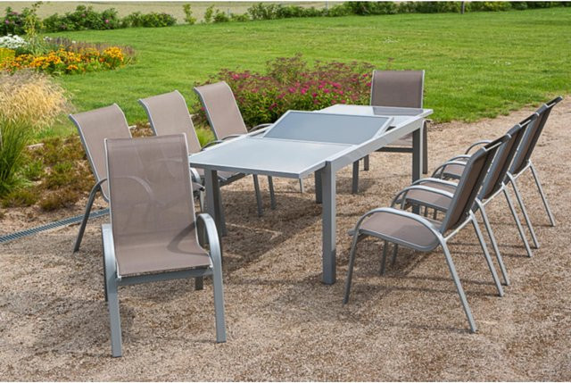 Merxx Tischgruppe Amalfi, 9-teiliges Gartenmöbel-Set aus Aluminium und Glas, beige/grau, Tisch ausziehbar, B/T/H: 160 x 90 x 75 cm bis 220 x 90 x 75 cm - Bild 1