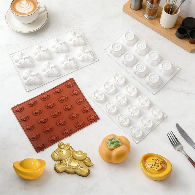 Meibum Silikonform-Set für Schokolade, Kekse und Desserts mit Motiven Goldbarren, Persimon und Geldbeutel - Bild 1