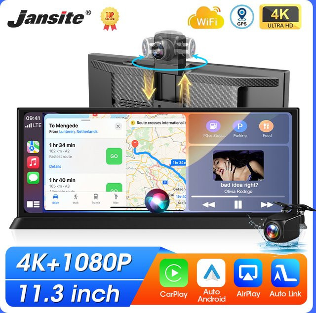 Jansite 4K Dash Cam mit 11,3 Zoll Display, 360 Grad rotierbarer Kamera, Wireless CarPlay, Android Auto und Bluetooth in Schwarz - Bild 1