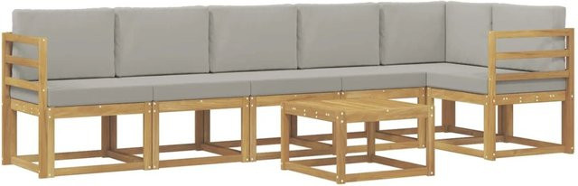 vidaXL Outdoor-Sofagarnitur aus Akazienholz in L-Form, 7-teiliges Set mit Kissen in Weiß, Grau und Braun - Bild 1