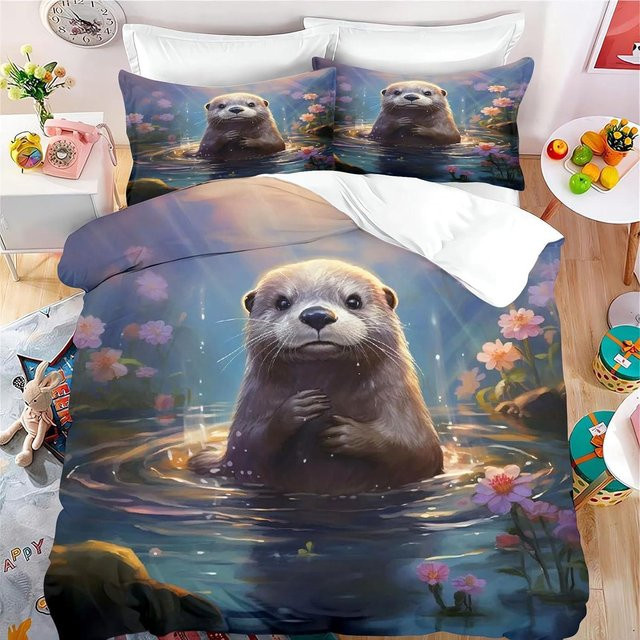 Bettwäsche-Set mit Otter-Motiv aus Mikrofaser in Blau, bestehend aus Bettbezug und Kissenbezug, B/H: 220 x 240 cm - Bild 1