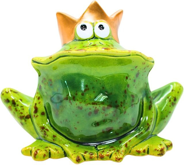 Dekohelden24 Froschkönig Deko-Figur aus Keramik in Grün mit goldener Krone, B/T/H: 9 x 12 x 16 cm - Bild 1