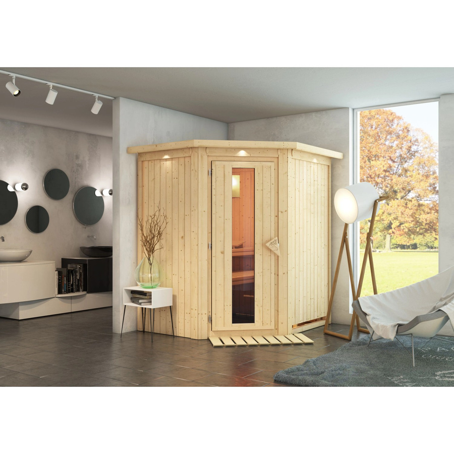 Karibu Sauna Tjorven mit LED-Dachkranz aus Fichte und Espenholz in Natur - Bild 2