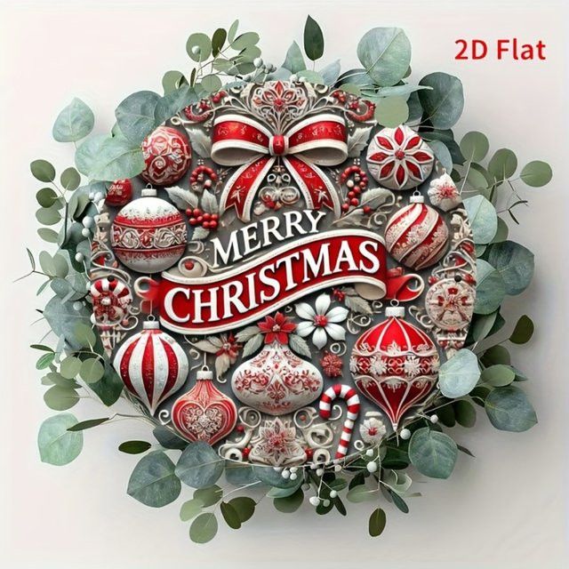 HELLOYOUNG Rundes Metallblechschild Frohe Weihnachten mit Zuckerstangen-Kranz-Design zur Weihnachtsdekoration für drinnen und draußen, Durchmesser: 20 cm - Bild 1