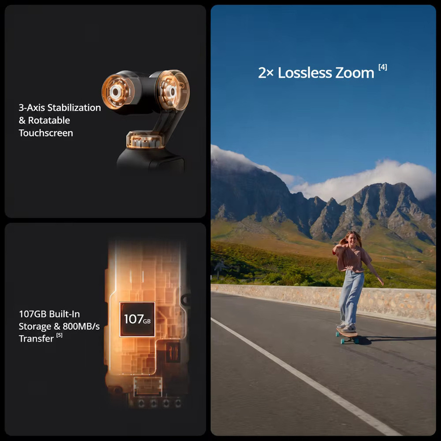 DJI Osmo Pocket 4 Action-Kamera mit 1-Zoll-CMOS, 4K/240fps, 3-Achsen-Stabilisierung und 2x Verlustfreiem Zoom in Schwarz - Bild 2