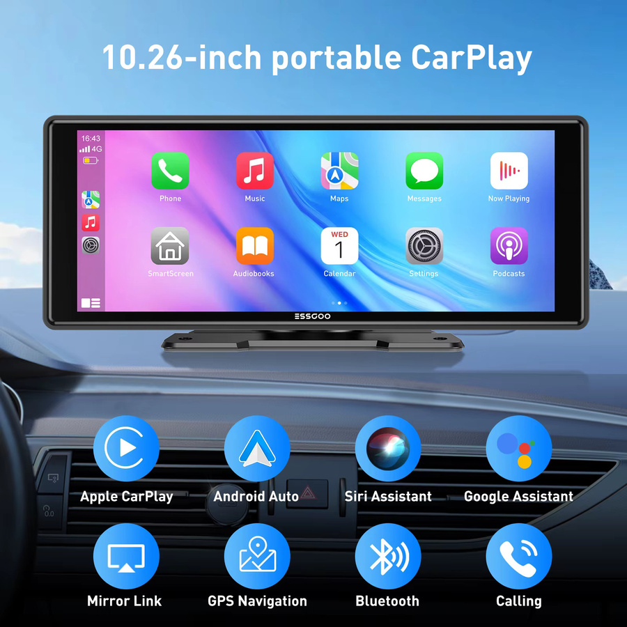 ESSGOO Tragbares universelles Autoradio mit 10,26 Zoll HD IPS Touchscreen, Apple CarPlay, Android Auto, GPS, WiFi und Bluetooth in Schwarz - Bild 2