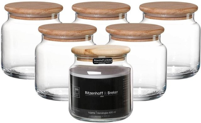 Ritzenhoff & Breker Varu Vorratsgläser Set aus Glas mit Holzdeckel, transparent, 6er Set, 600 ml pro Glas - Bild 1