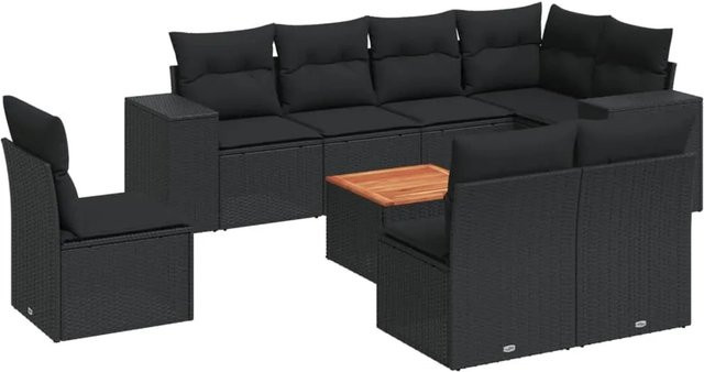 vidaXL 9-teilige Garten-Sofagarnitur in L-Form aus schwarzem Poly-Rattan mit Kissen und pulverbeschichtetem Stahlrahmen - Bild 1