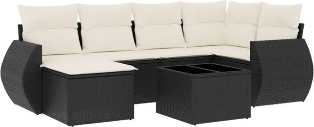 vidaXL 7-tlg Garten-Sofagarnitur in L-Form aus schwarzem Poly-Rattan mit UV-beständigen Kissen und Metallrahmen - Bild 1