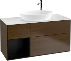 V&B Waschtischunterschrank Finion mit Wandbeleuchtung, Breite: 120 cm, Farbe: Weiß und Blau mit Walnuss-Dekor - Bild 1