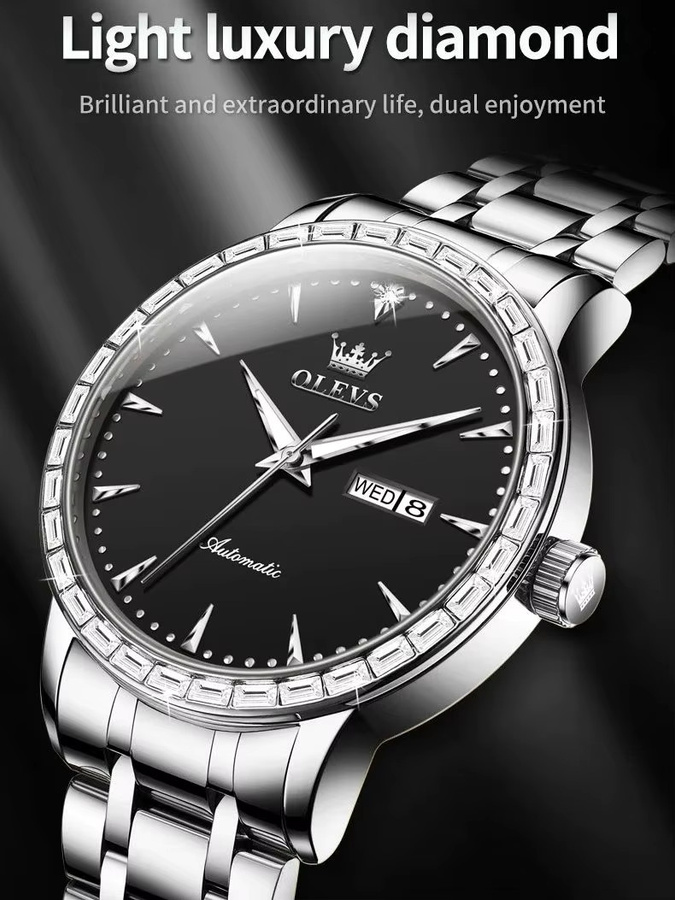 OLEVS Armbanduhr, Automatik, Edelstahl, Diamant, Herren, Schwarz, Silber - Bild 7