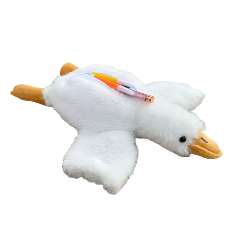 Weißes Plüsch-Federmäppchen in Gans-Design als weiches Kawaii-Stifteetui für Schüler - Bild 2
