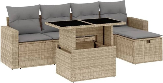 vidaXL 6-tlg Garten-Sofagarnitur L-Form aus Poly Rattan in Beige mit Kissen und Metallgestell - Bild 1