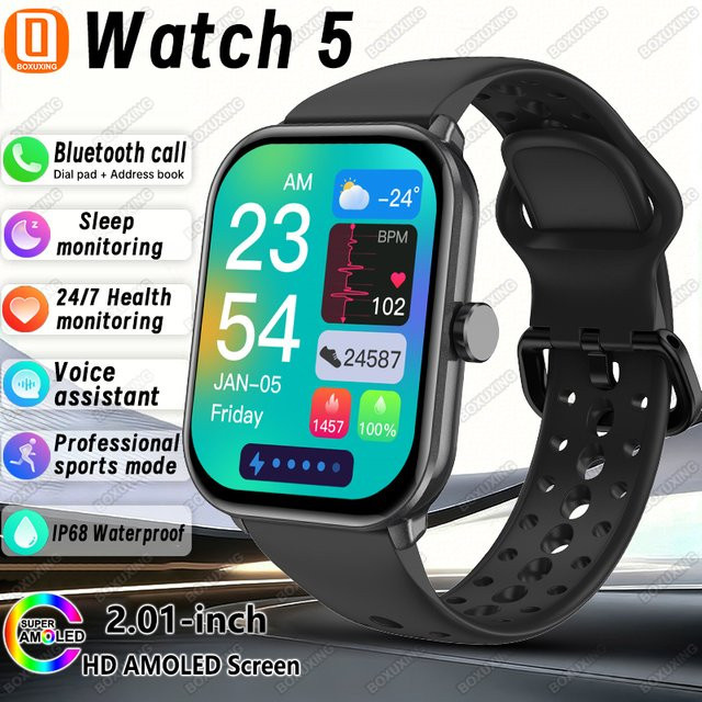 BOXUXING Watch 5 Smartwatch Globale Version in Pink mit HD AMOLED-Bildschirm, Herzfrequenzmessung, GPS-Tracking, Bluetooth-Anruf und Wasserdichtigkeit - Bild 1