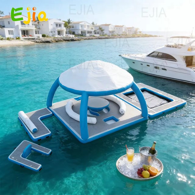 Ejia Aufblasbare schwimmende Wasserinsel-Plattform mit abnehmbarer Überdachung für Pool-Docks und Wasserveranstaltungen, Blau, B/T/H: 400 x 400 x 300 cm - Bild 1