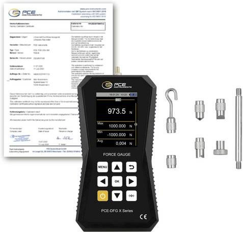 PCE Instruments Kraftmessgerät PCE-DFG 1000 X-ICA in Schwarz mit 1000N, 7.200Hz, Genauigkeit ±0,05% F.S., Speicherfunktion und ISO-Zertifikat - Bild 1
