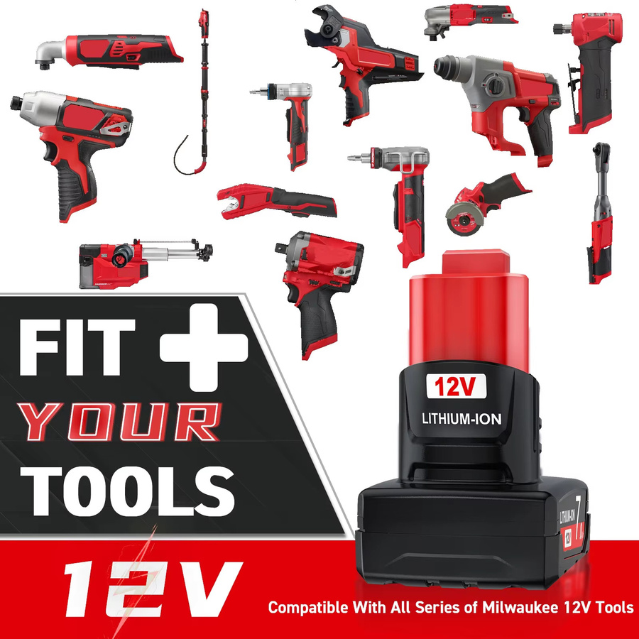 Bonacell Ersatzakku für Milwaukee M12 12V mit 8000mAh und LED-Licht, kompatibel mit 48-11-2402 und 48-11-2411 - Bild 6