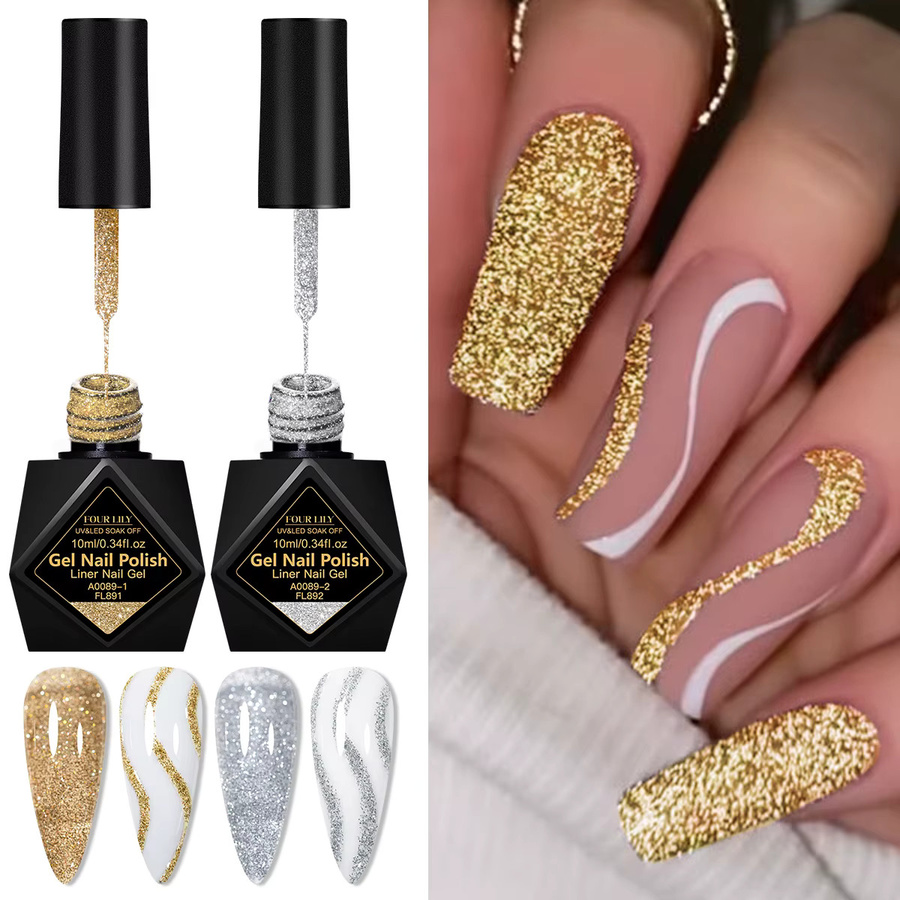 Four Lily Glitter Liner Gel Nagellack Set, Gold Silber, 2 x 10 ml - Bild 4