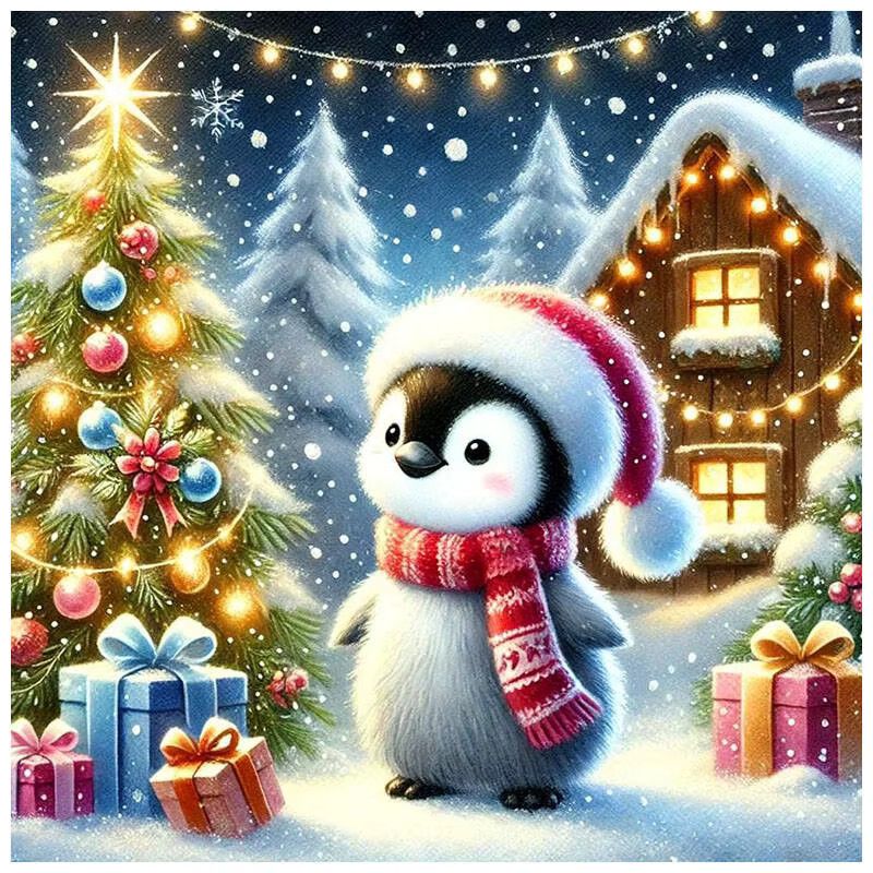 HUACAN Diamant-Gemälde Set Pinguin im Winterhaus als Wanddekoration mit Full Round Strasssteinen für Weihnachten B/H: 20 x 20 cm - Bild 4