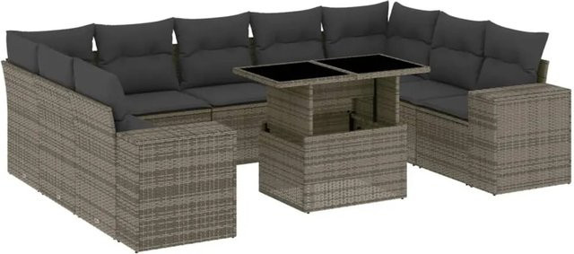 vidaXL 10-tlg Garten-Sofagarnitur aus grauem PE-Rattan mit Kissen und Armlehnen in L-Form - Bild 1